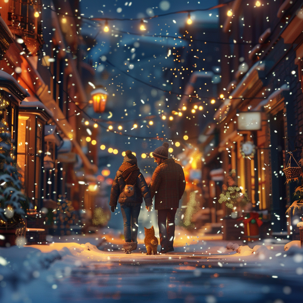 Couple walking with cat on snowy Christmas night.