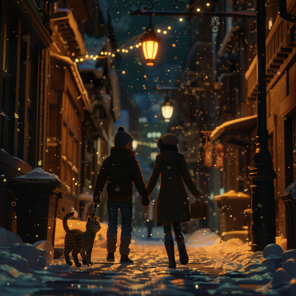 Couple walks with tabby cat on snowy street.