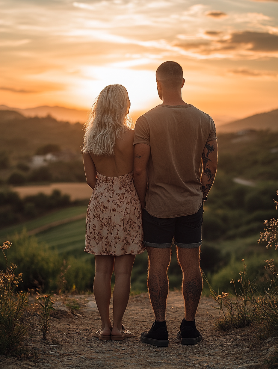 Couple watching sunset, man buzz cut hair, woman blonde.