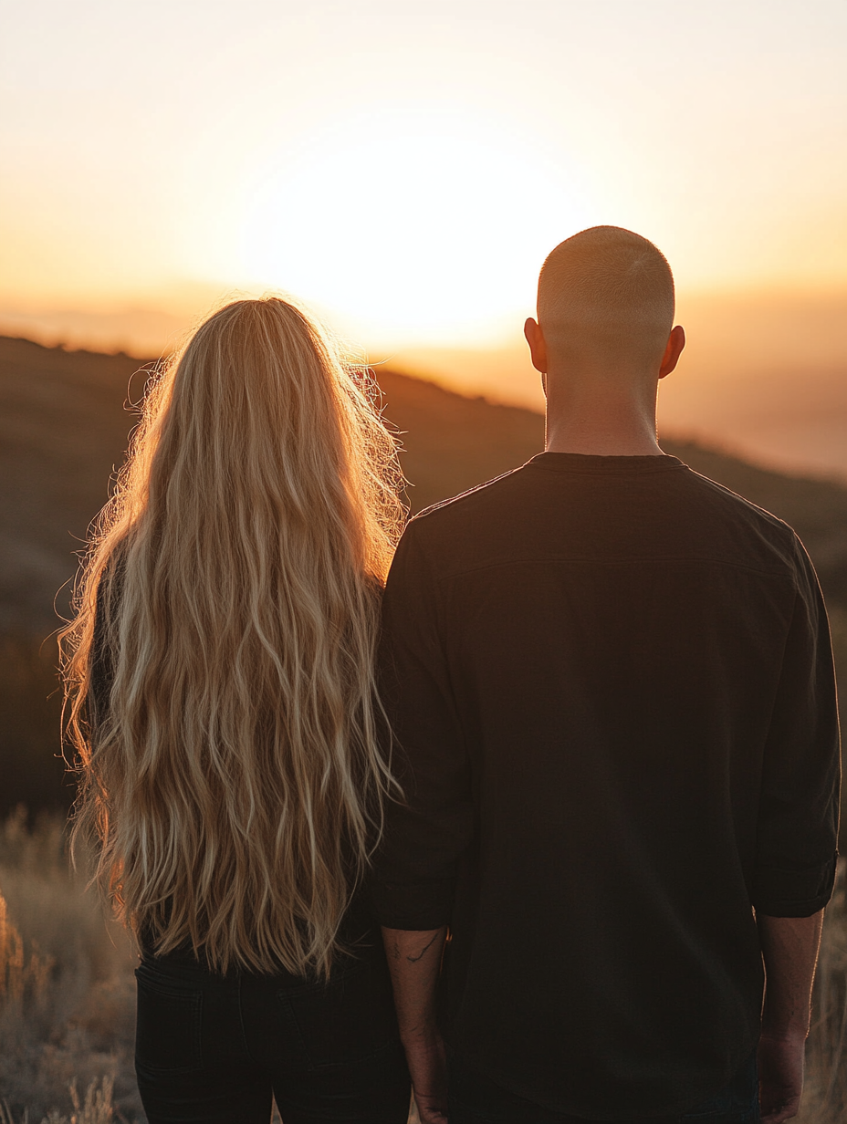 Couple with buzz cut and long hair at sunset.