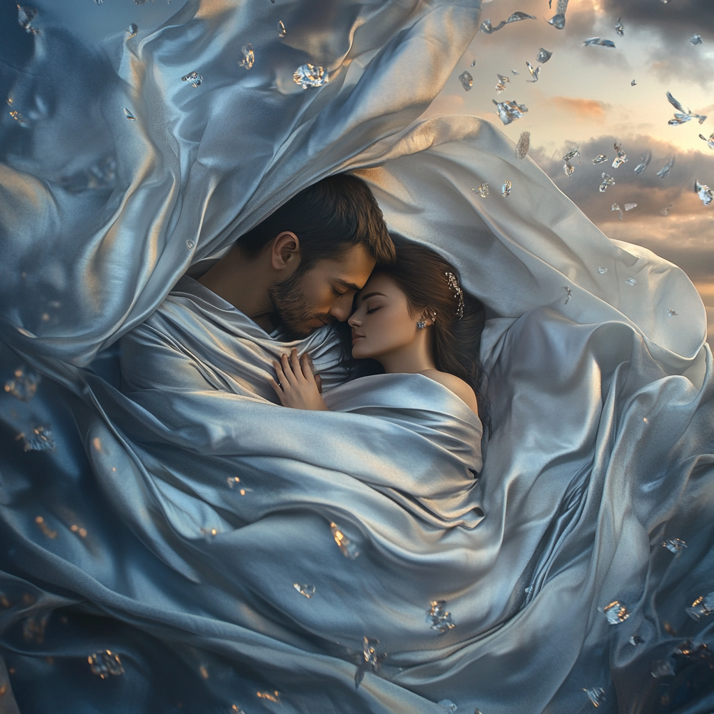 Couple wrapped in silver fabric, serene expressions, dreamlike atmosphere