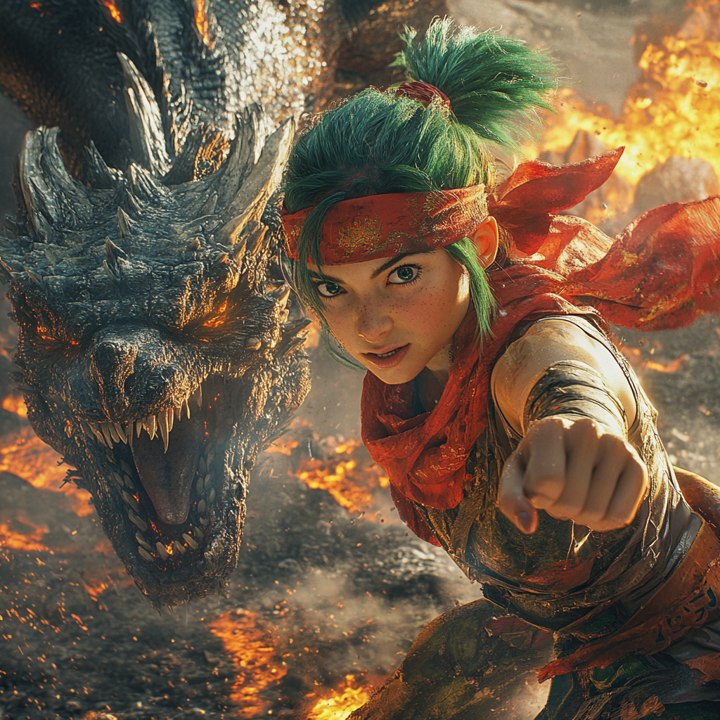 Courageous Girl Battles Fiery Dragon in Volcanic Landscape