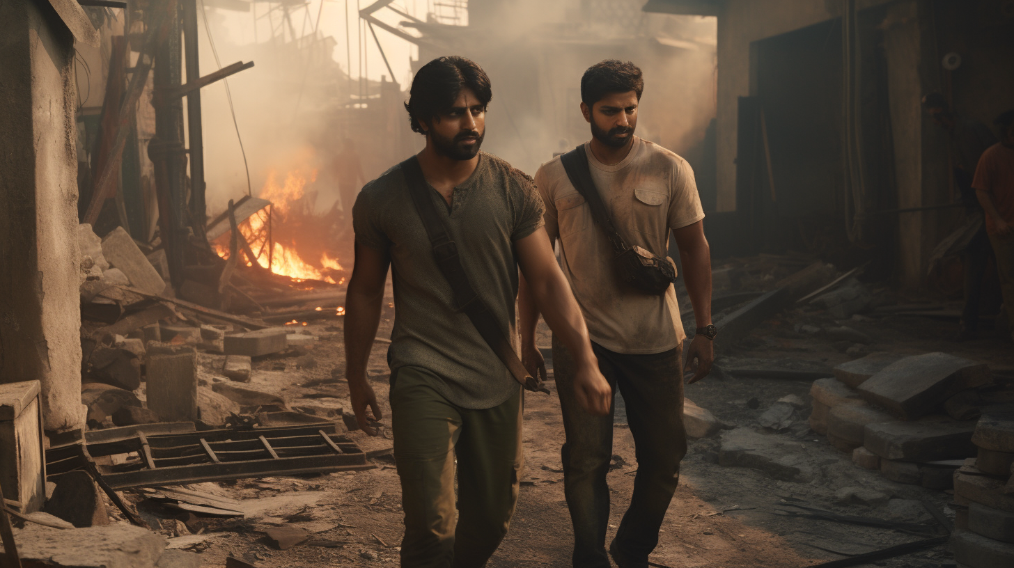 Courageous South Indian men in intense action scene.