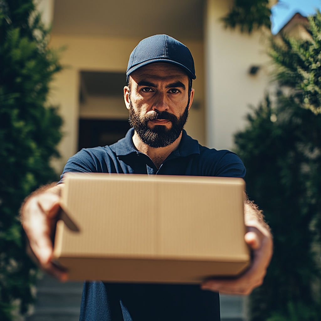 Courier Delivery Guy Rings Doorbell with Brown Box Package