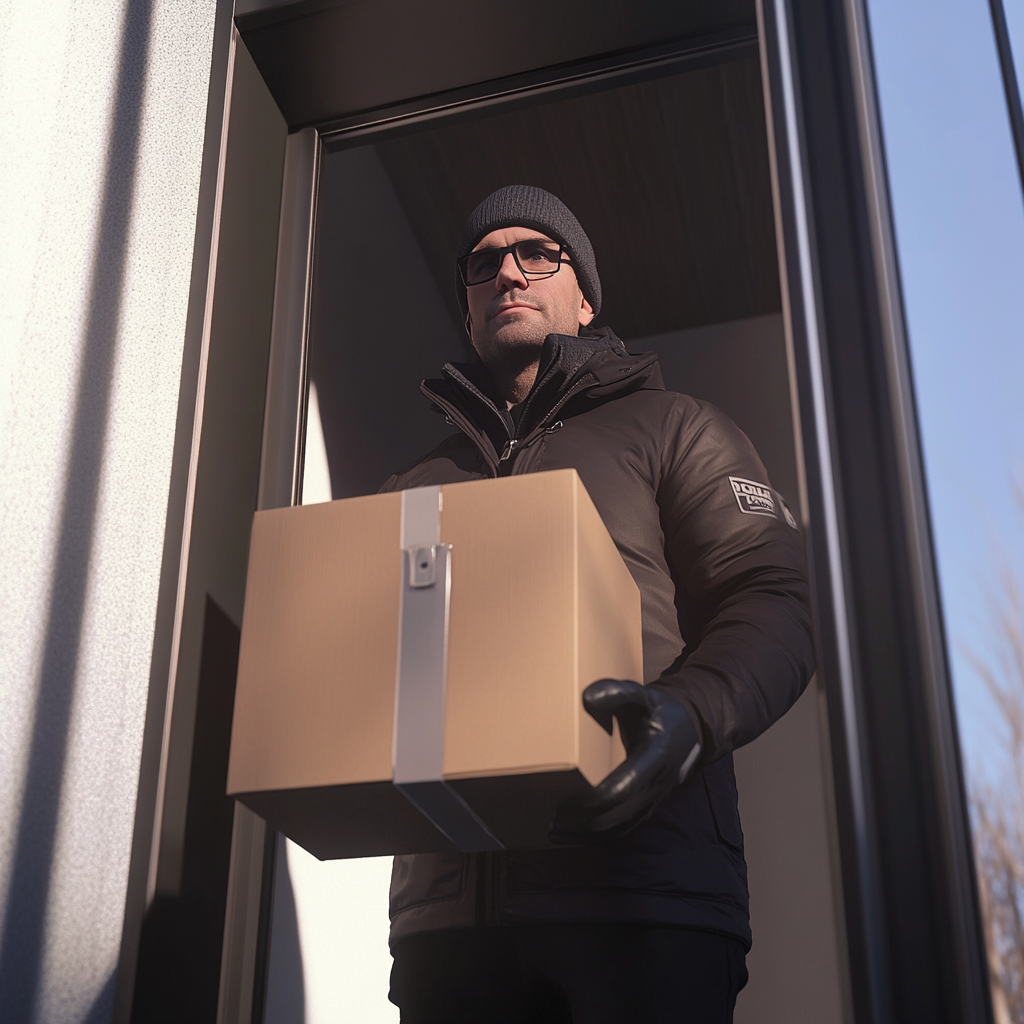 Courier Delivery Guy Rings Doorbell with Package 