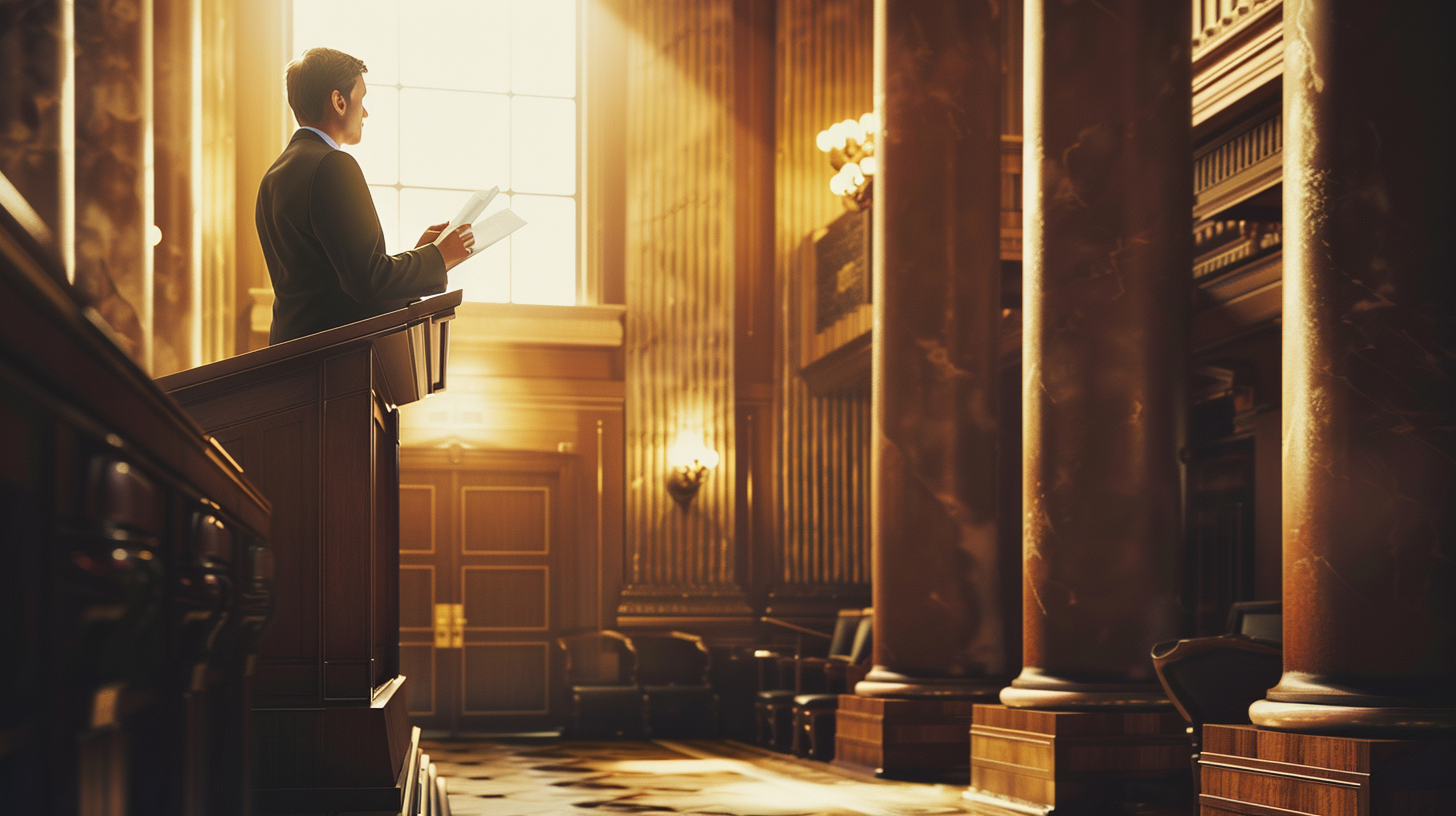 Courtroom scene with educator practicing public speaking confidently.