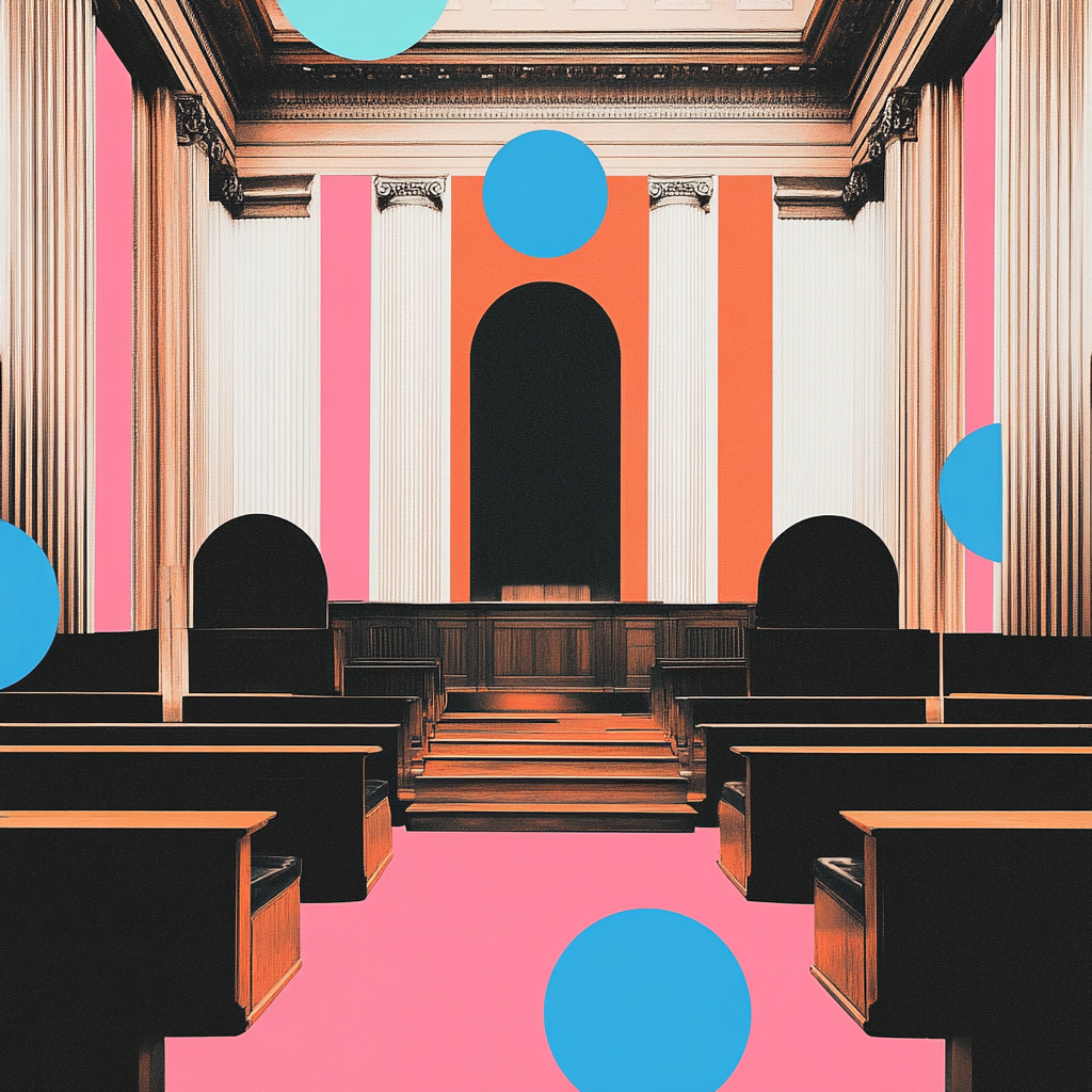 Courtroom trial collage in pink, blue, black tones.