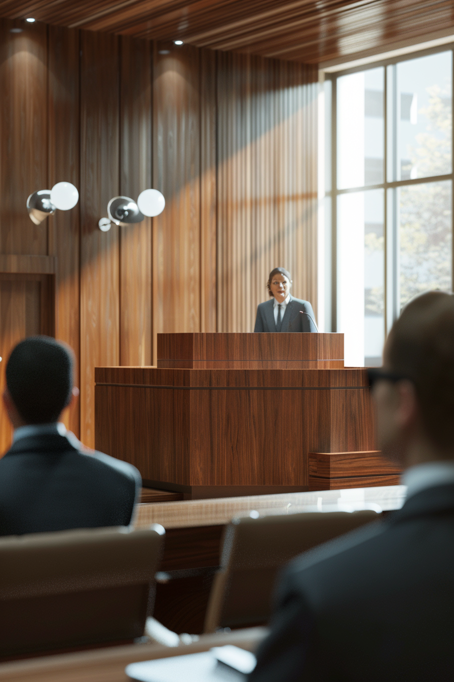 Courtroom with educator practicing speech, judge in background.