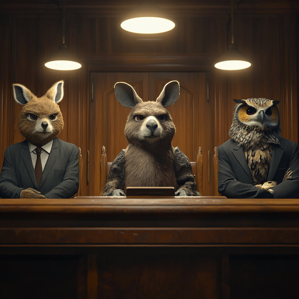 Courtroom with kangaroo judge, lawyer, scruffy owl defendant. Human prosecutor.