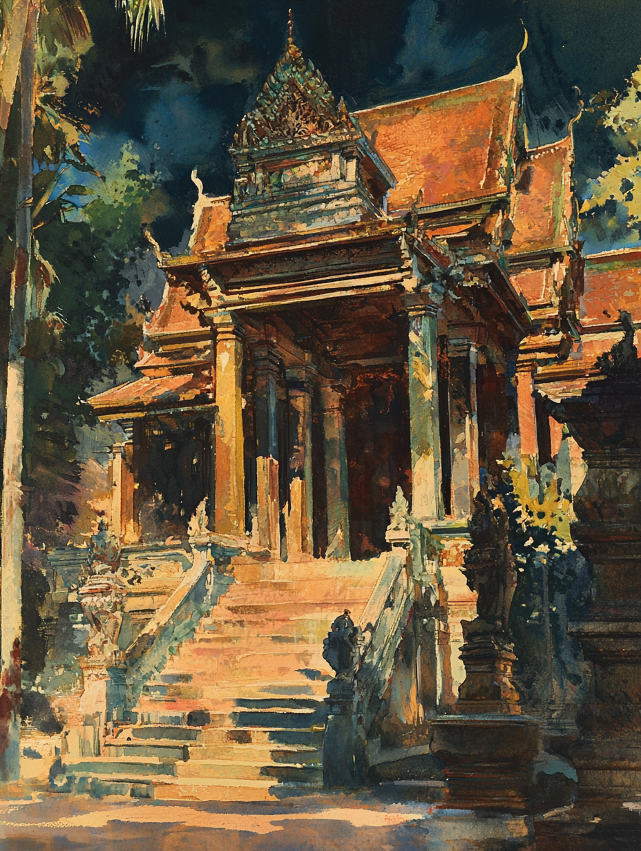 Cover design with Thai architecture, mystery theme, realistic style.