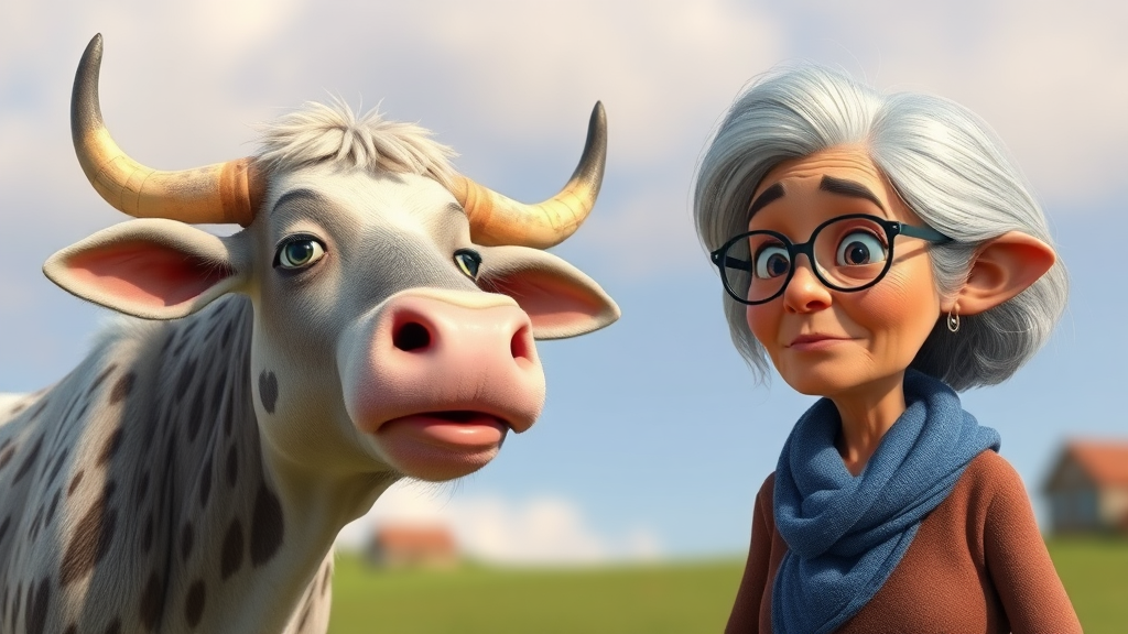 Cow and old woman in Pixar-style drawing.