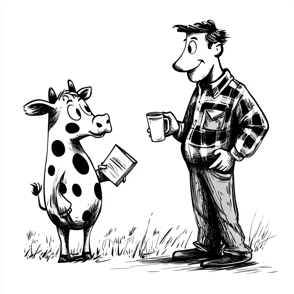 Cow chatting with coffee-drinking farmer in comic drawing