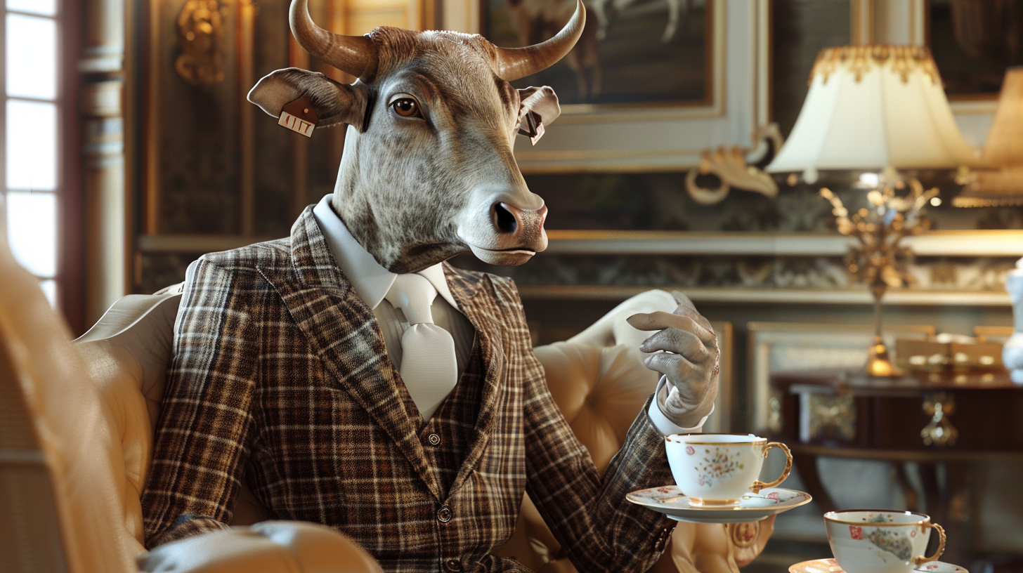 Cow in three-piece suit drinking coffee in elegant room.