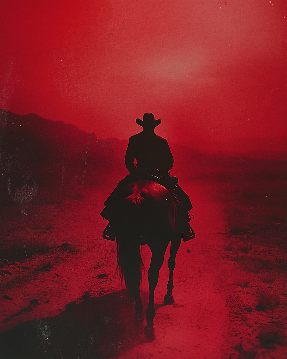 Cowboy Man in Desert on Horse, Red Background Shot