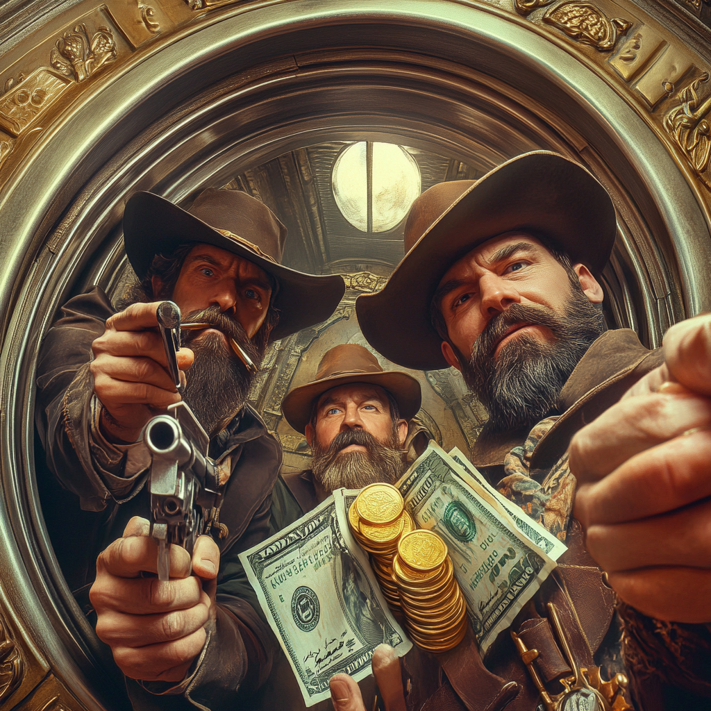 Cowboys robbing vault holding gold bars and cash.