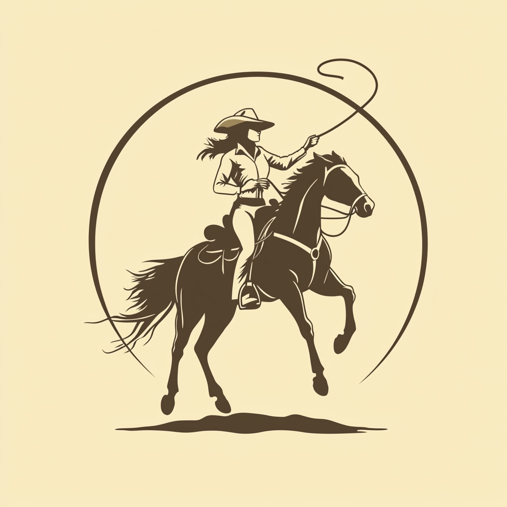 Cowgirl on horseback throwing lasso for western brand logo.