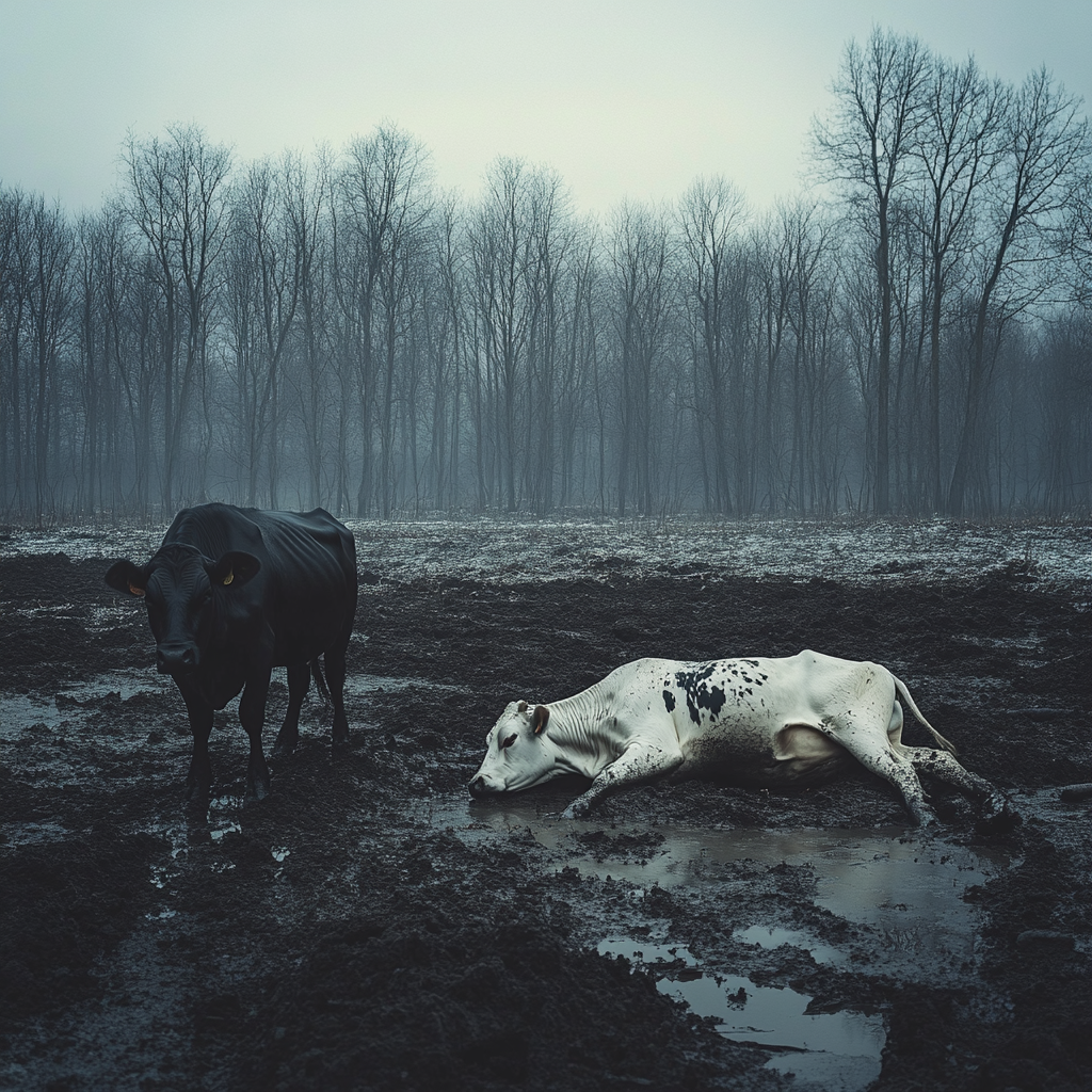 Cows resting and grazing in snowy forest field