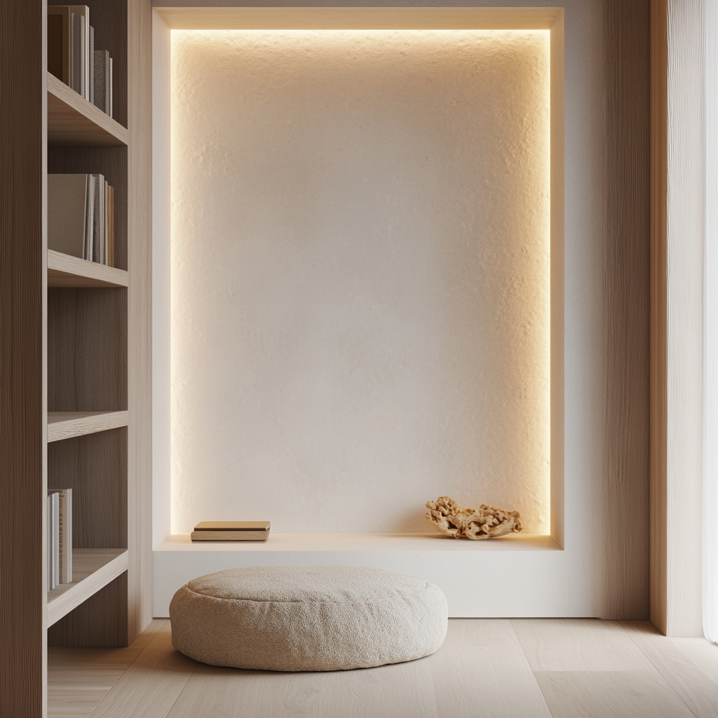 Cozy, calm reading nook with smooth white wall.