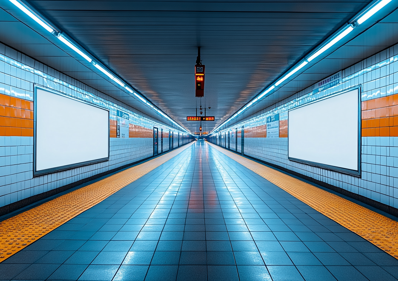 Cozy, clean underground station with big white board.