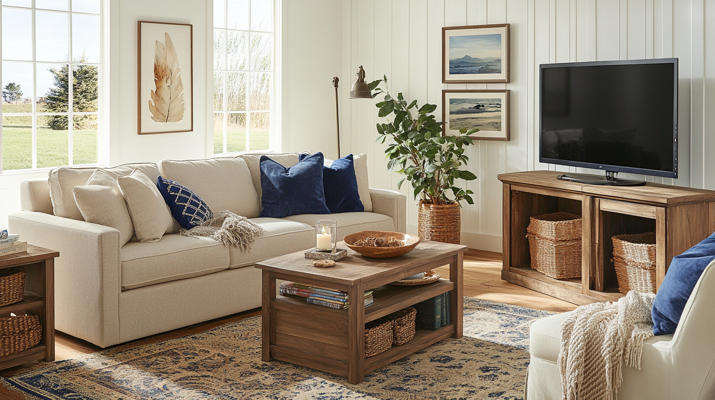 Cozy, inviting living room with stylish color scheme.