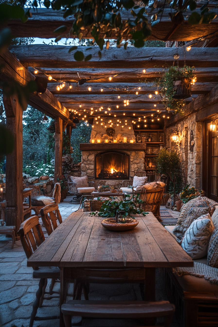 Cozy, rustic patio with reclaimed wood furniture.