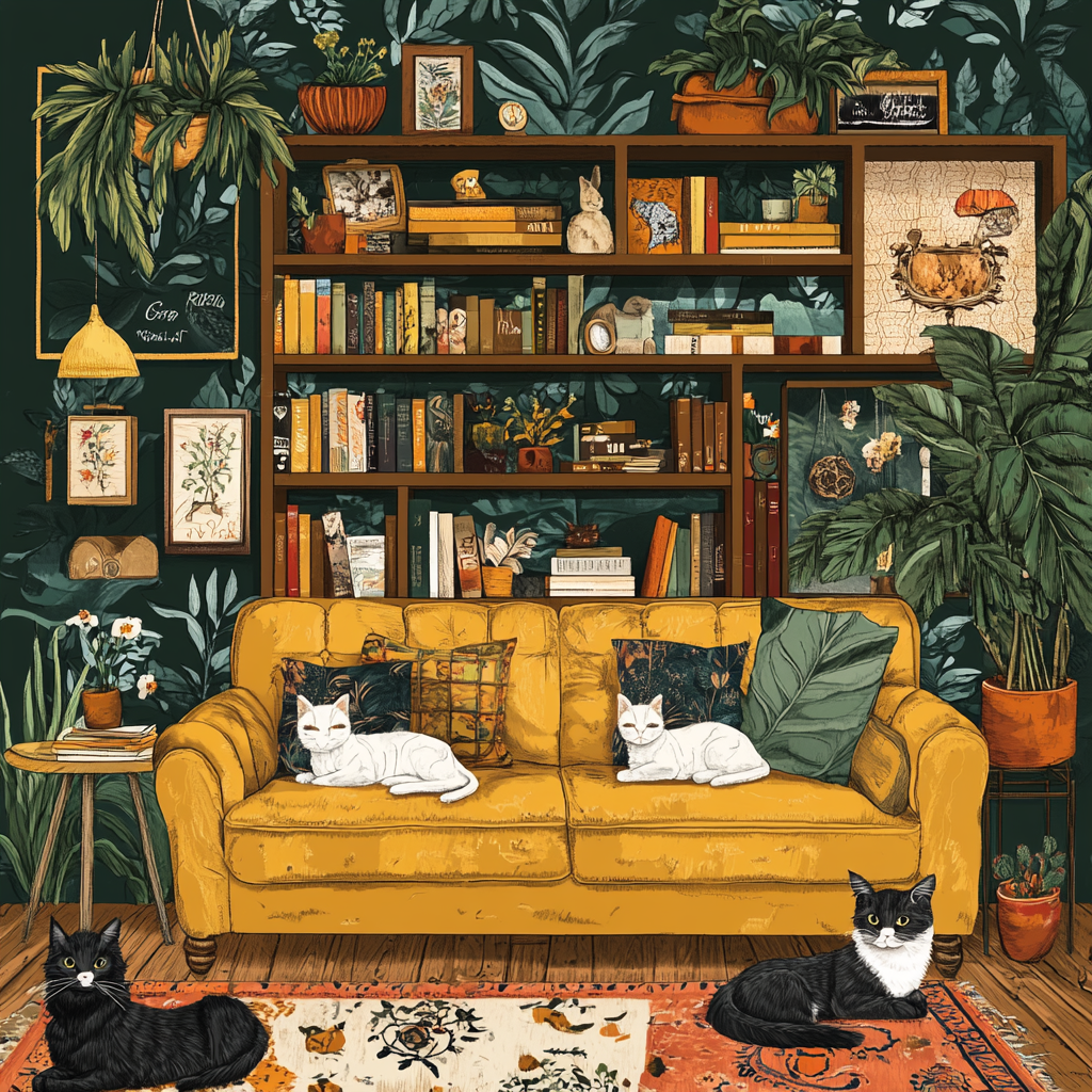 Cozy, vibrant living space with playful, elegant cats.