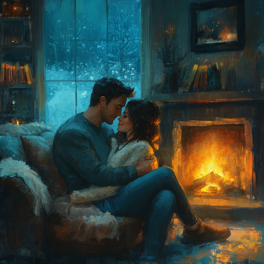 Cozy Album Cover: Couple by Fireplace, Warm Tones