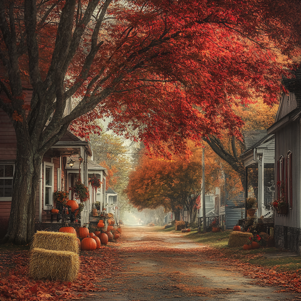 Cozy Autumn Town Street Scene with Glowing Trees