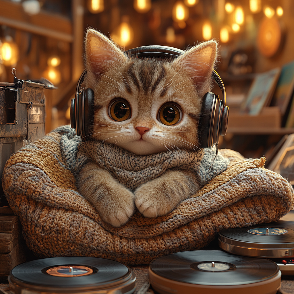 Cozy Cat in Headphones surrounded by Vinyl Records, 3D Cartoon Style