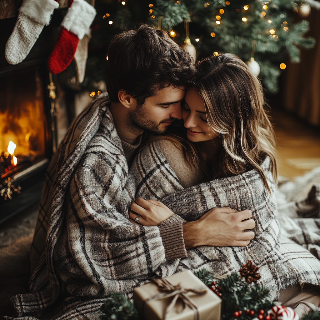 Cozy Christmas Couple Wrapped in Grey Plaid Blanket