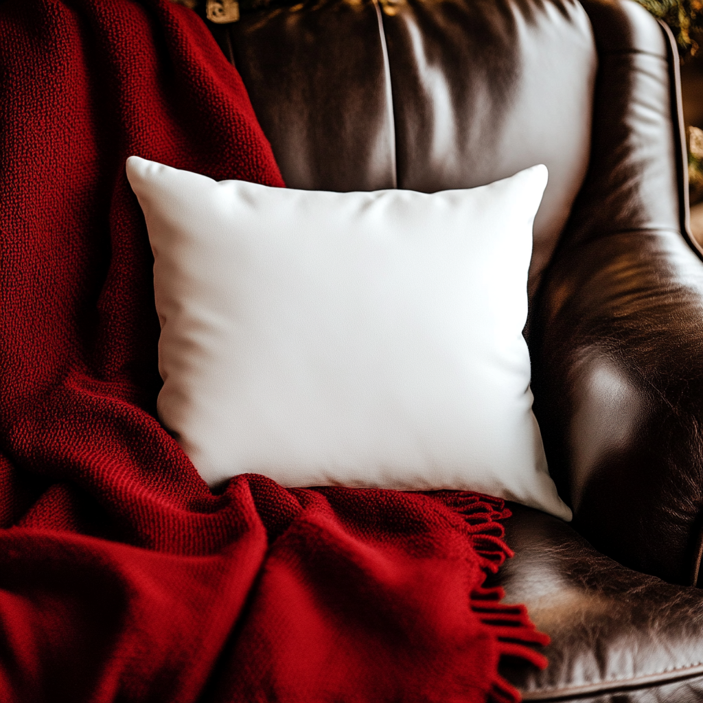 Cozy Christmas Pillow on Dark Leather Couch