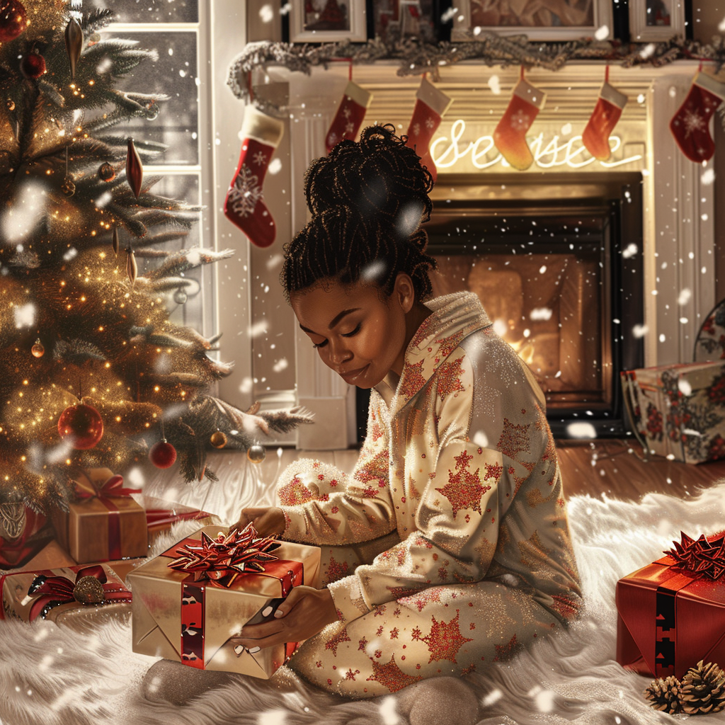 Cozy Christmas Scene with Blessed African American Woman