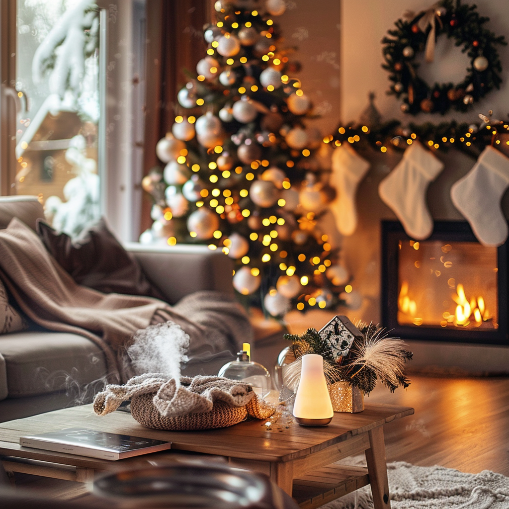 Cozy Christmas living room with beautiful decorations.