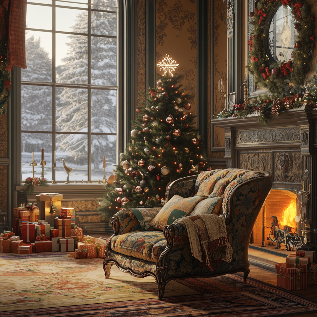 Cozy Christmas scene with Victorian furniture and snowy streets.