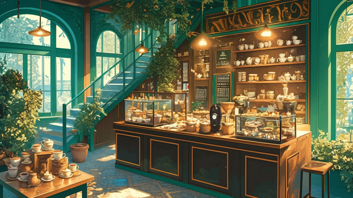 Cozy Coffee Shop Interior with Pastries and Greenery