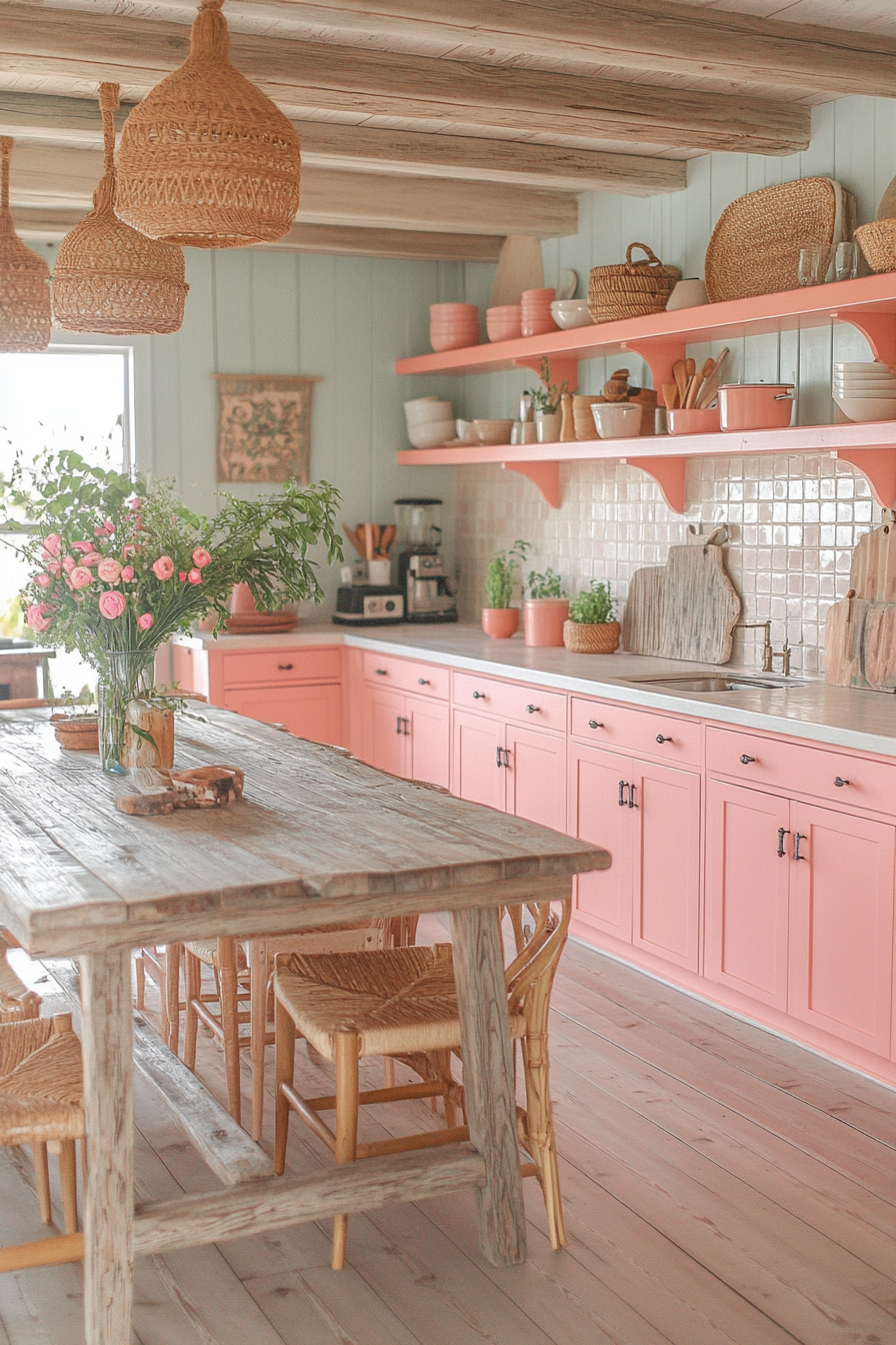 Cozy Coral Charm Kitchen with Farmhouse Vibes