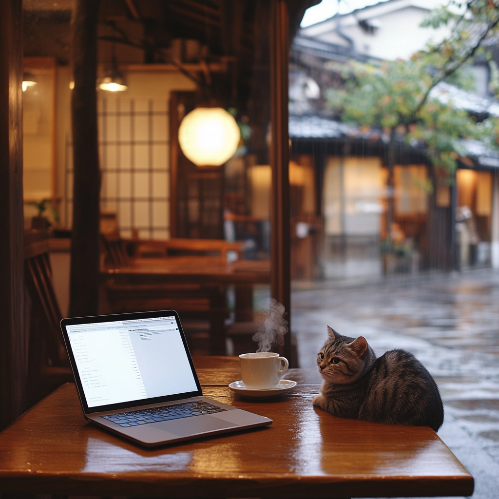 Cozy Ghibli-inspired café in Kyoto with Munchkin cat.