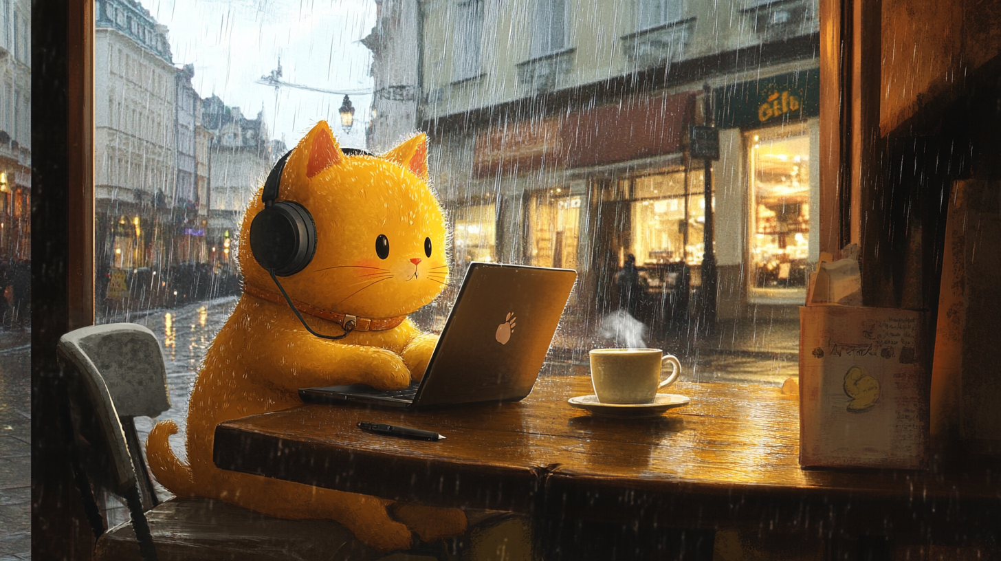 Cozy Ghibli-style Viennese café, chubby cat studies at laptop.