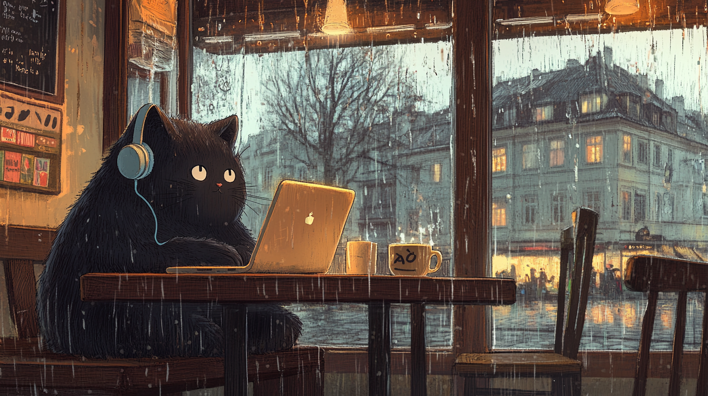 Cozy Ghibli-style Viennese café with cute giant black cat