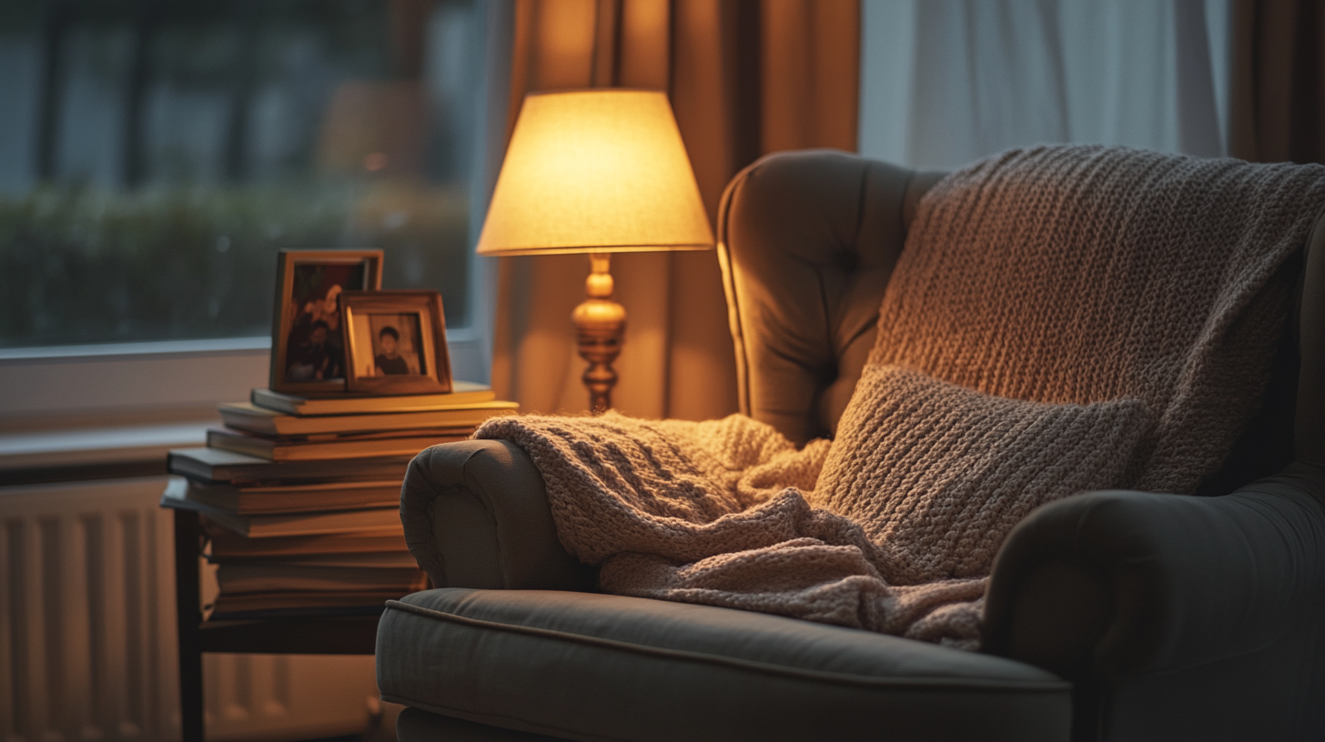 Cozy Ghibli style reading nook with cushions/books/lamp.