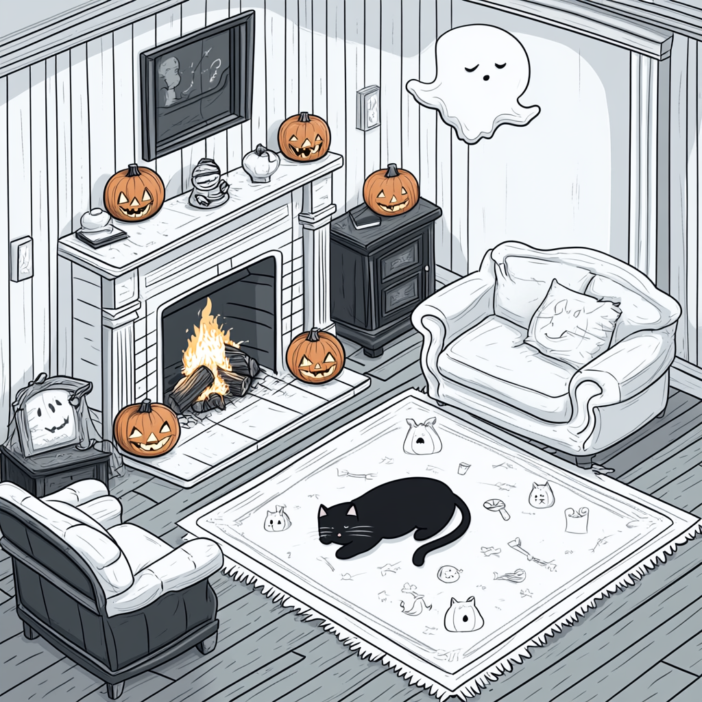 Cozy Halloween living room with jack-o'-lanterns, black cat.