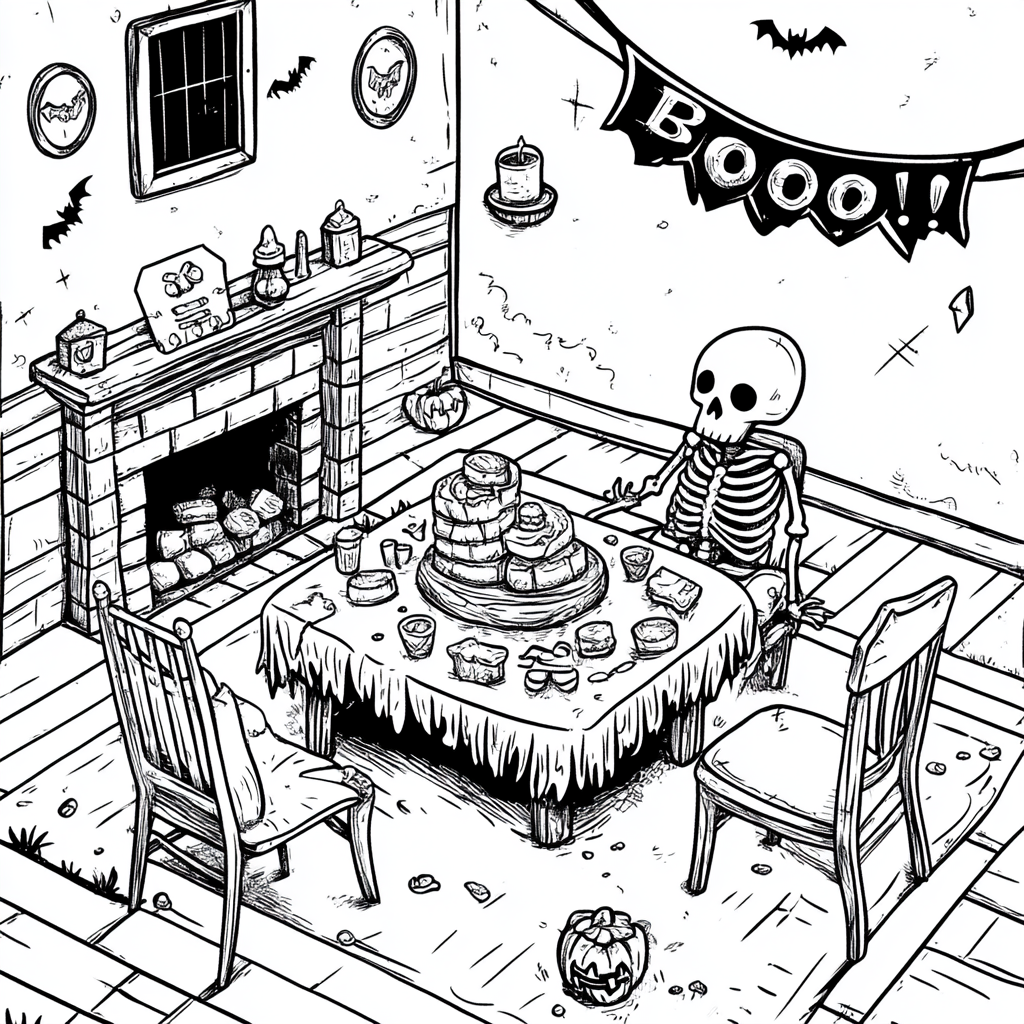 Cozy Halloween party scene with skeleton, treats, 'Boo!' banner.