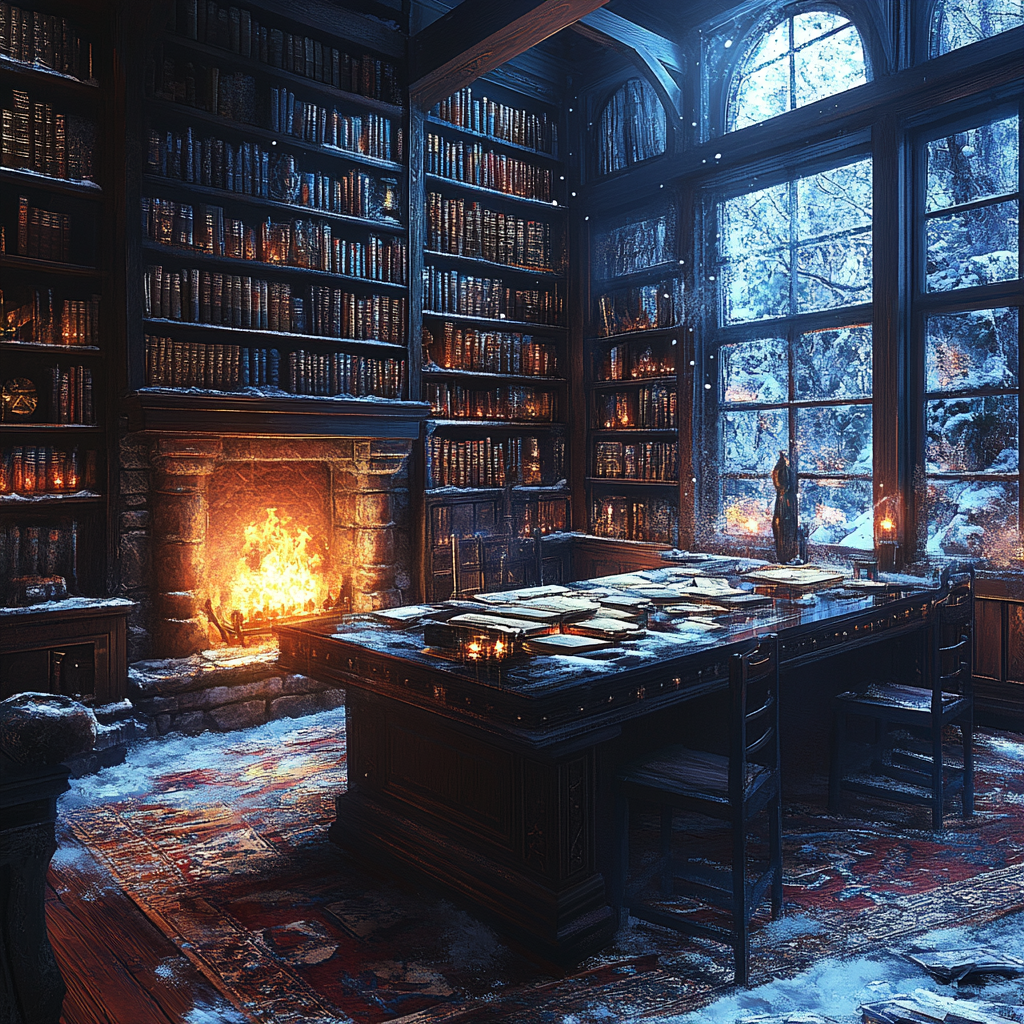 Cozy Icebound Library with Mystical Artifacts and Magical Atmosphere. 