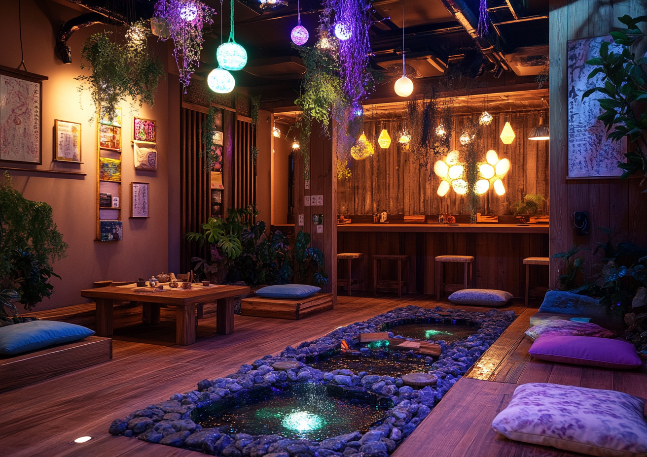 Cozy Japanese Tea House with Psychedelic Mushroom Motifs