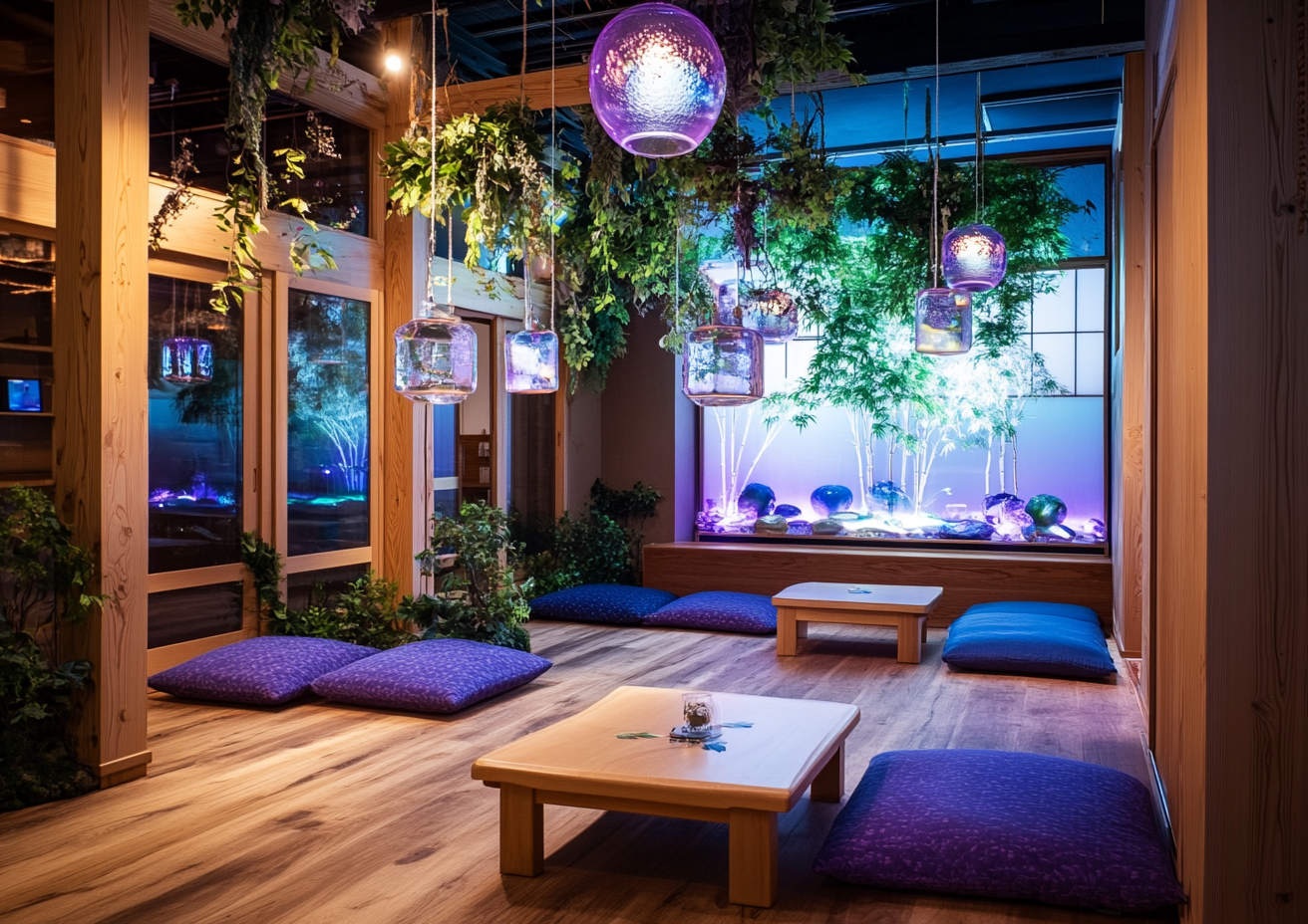 Cozy Japanese tea house with ambient lighting and cushions