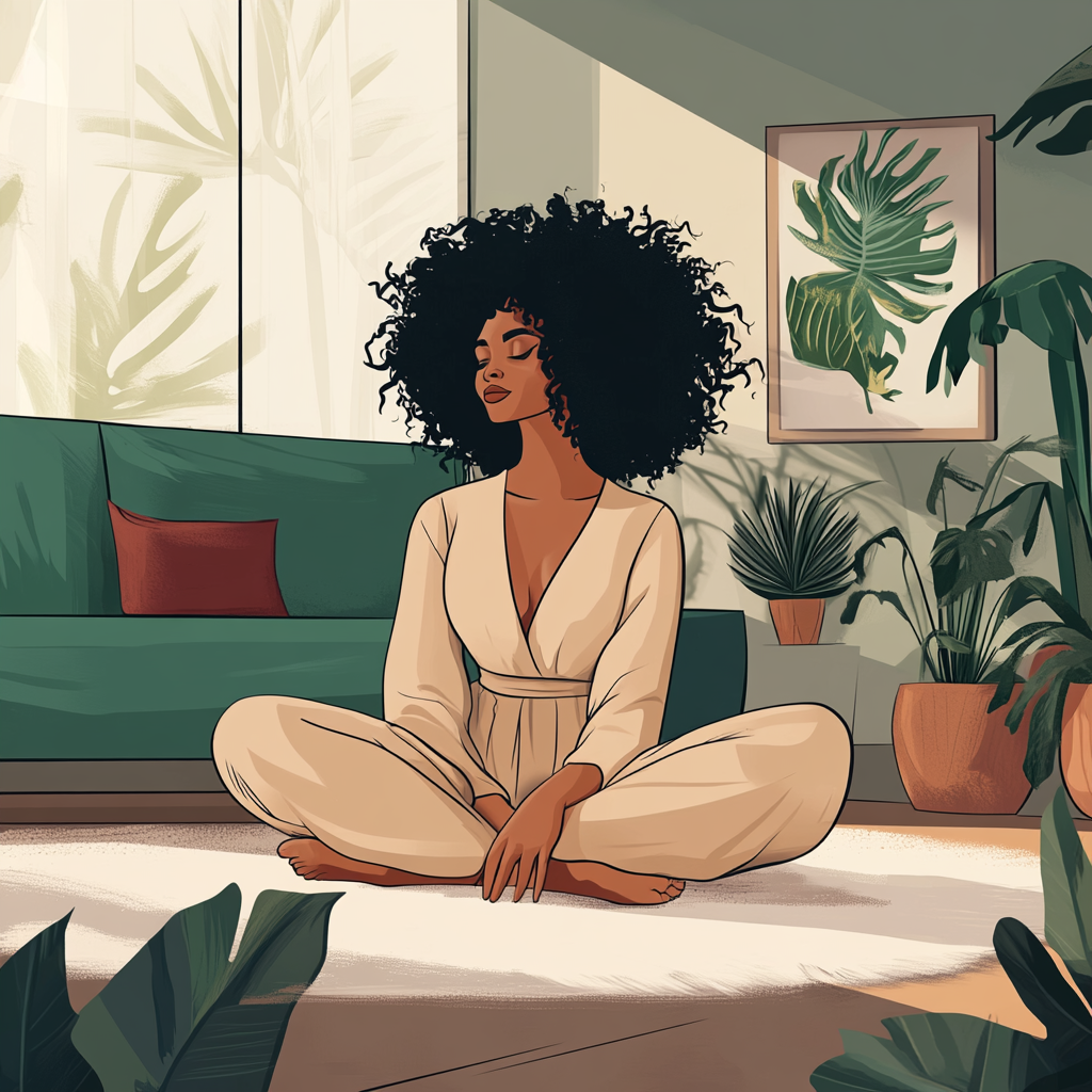 Cozy Living Room Scene with Black Woman 