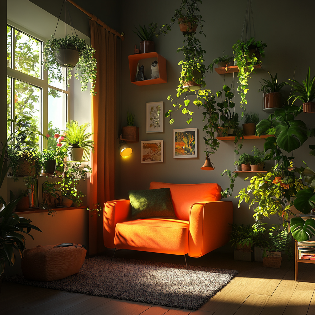 Cozy Living Room with Green, Orange, and Gray Tones