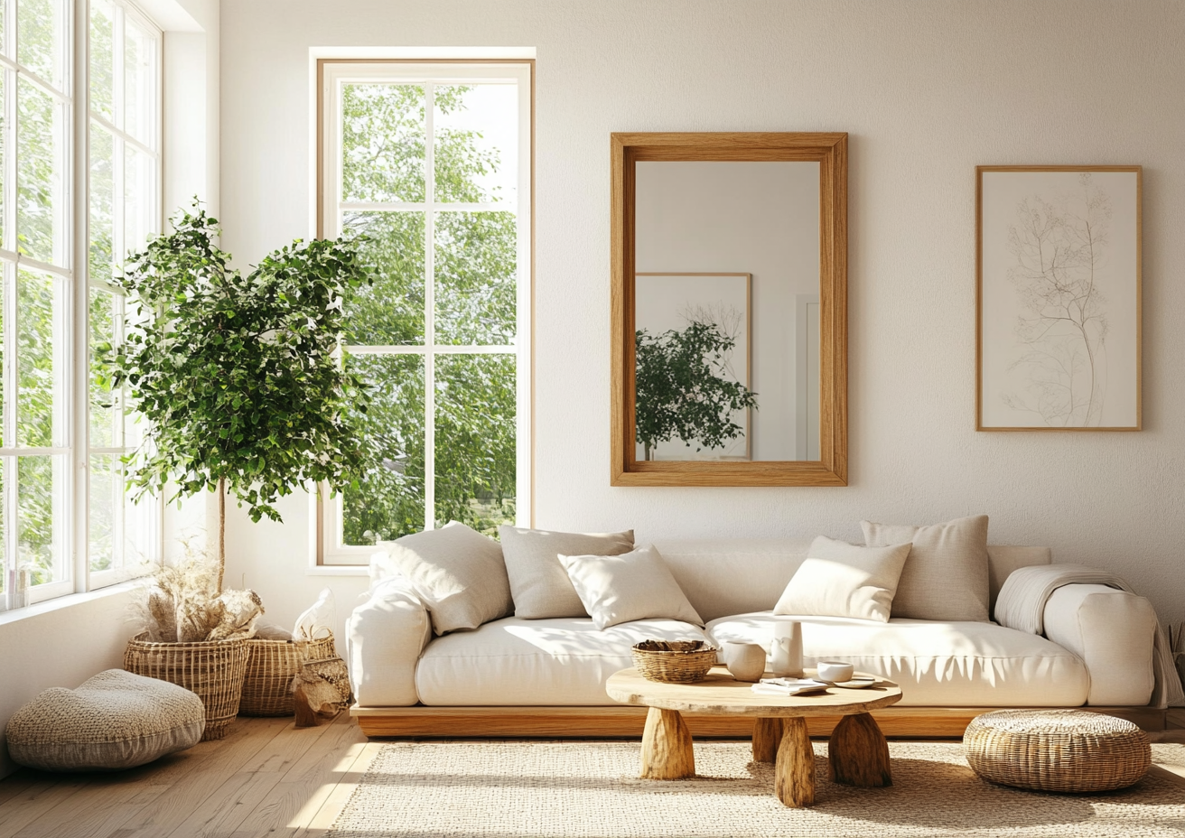 Cozy Living Room with Large Mirror Beside Window