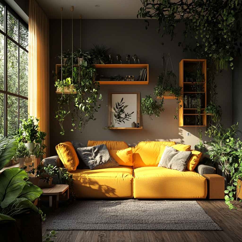 Cozy Livingroom with Moss Green, Warm Taupe and Burnt Orange 