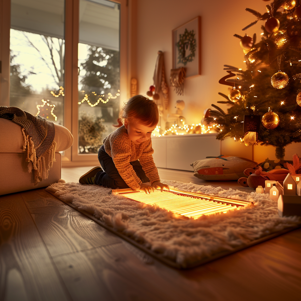 Cozy New Year Decor: Child Playing in Warm Room